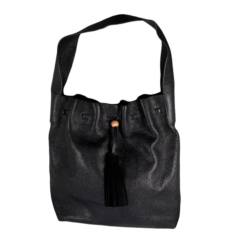 Elizabeth and James Teddy Leather Hobo Handbag Black Drawstring Single Strap